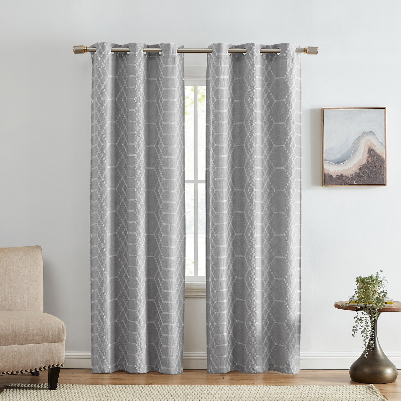Threadmade Home Kendal Geometric Embroidered Blackout Window Curtain Panel, Set of 2, Gray - 37"W x 63"L